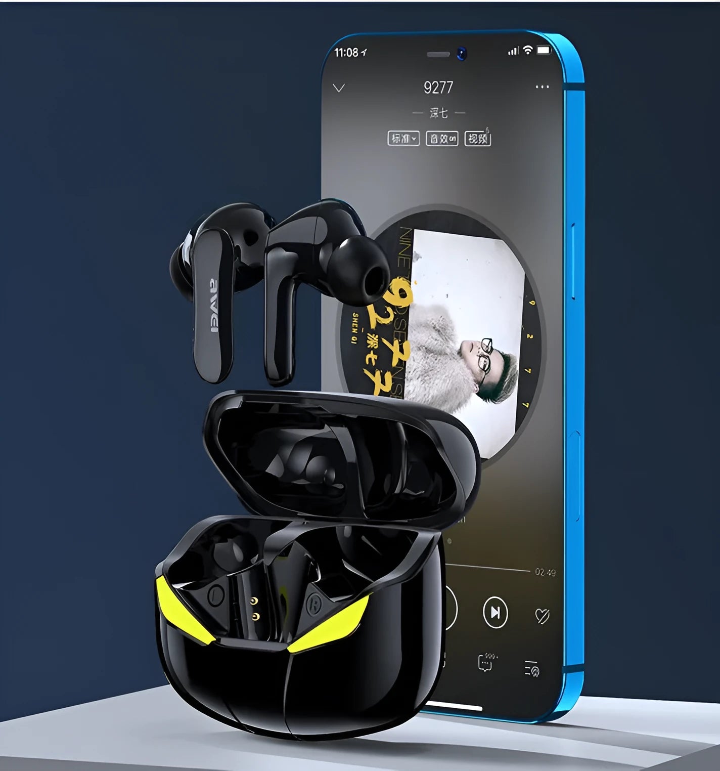 Wireless low-latency gaming Bluetooth headset in black with earplug design and battery display