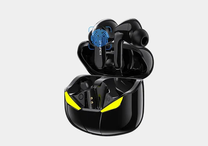 Wireless low-latency gaming Bluetooth headset in black with earplug design and battery display