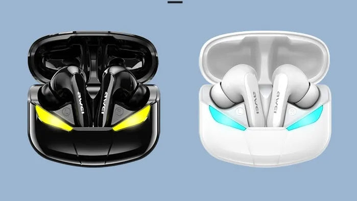 Wireless low-latency gaming Bluetooth headset in black with earplug design and battery display