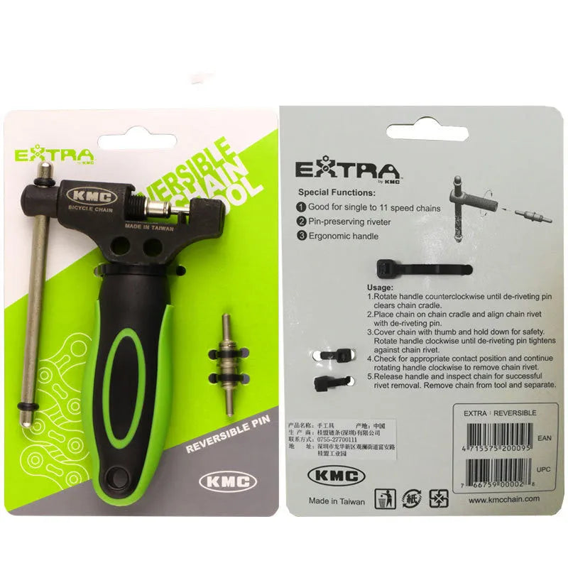 Green steel double-shaft bicycle chain rivet extractor tool on a white background.
