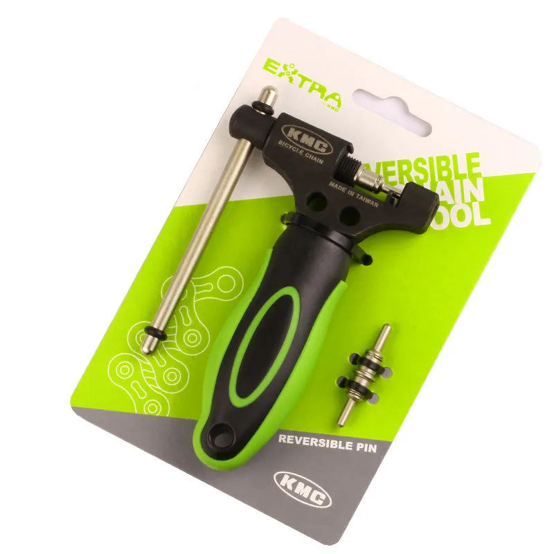 Green steel double-shaft bicycle chain rivet extractor tool on a white background.
