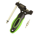 Green steel double-shaft bicycle chain rivet extractor tool on a white background.