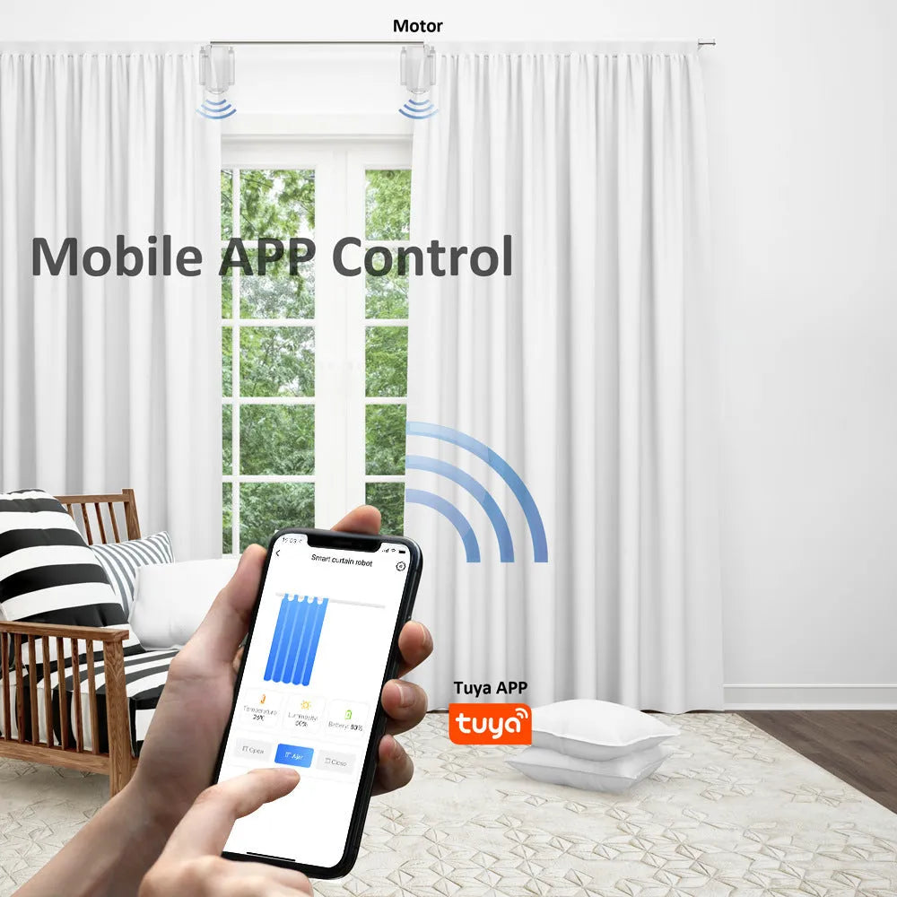 Smart curtain robot with Bluetooth and app control mounted on a rail