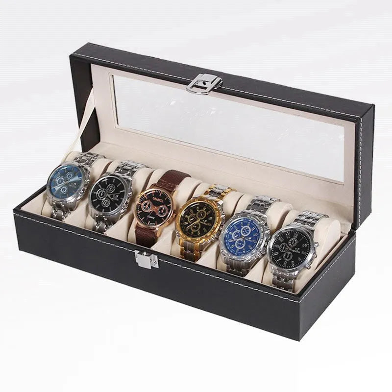 Black wooden watch display box with six viewing windows and dimensions 30cm by 11cm by 8cm