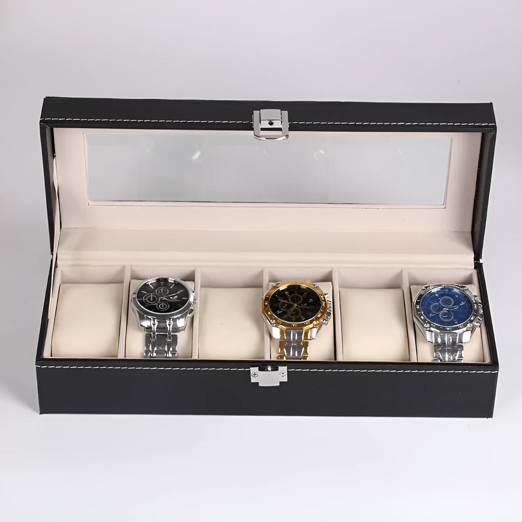 Black wooden watch display box with six viewing windows and dimensions 30cm by 11cm by 8cm