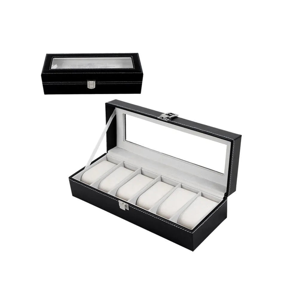 Black wooden watch display box with six viewing windows and dimensions 30cm by 11cm by 8cm