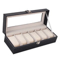 Black wooden watch display box with six viewing windows and dimensions 30cm by 11cm by 8cm