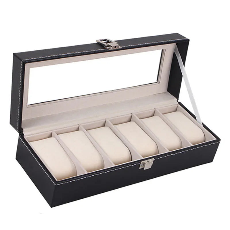 Black wooden watch display box with six viewing windows and dimensions 30cm by 11cm by 8cm