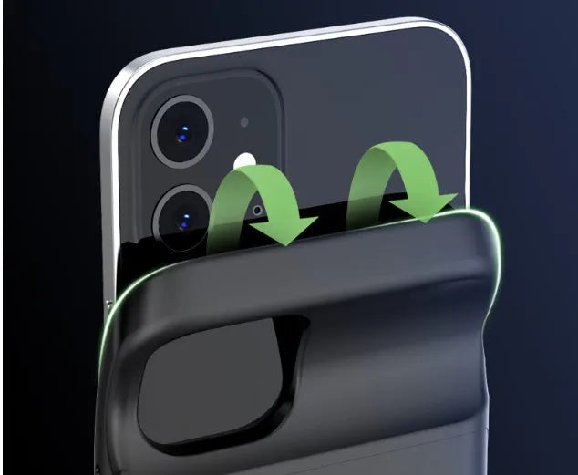 Black ultra-thin TPU back clip battery for iPhone 12 showing 18mm profile and clip mechanism