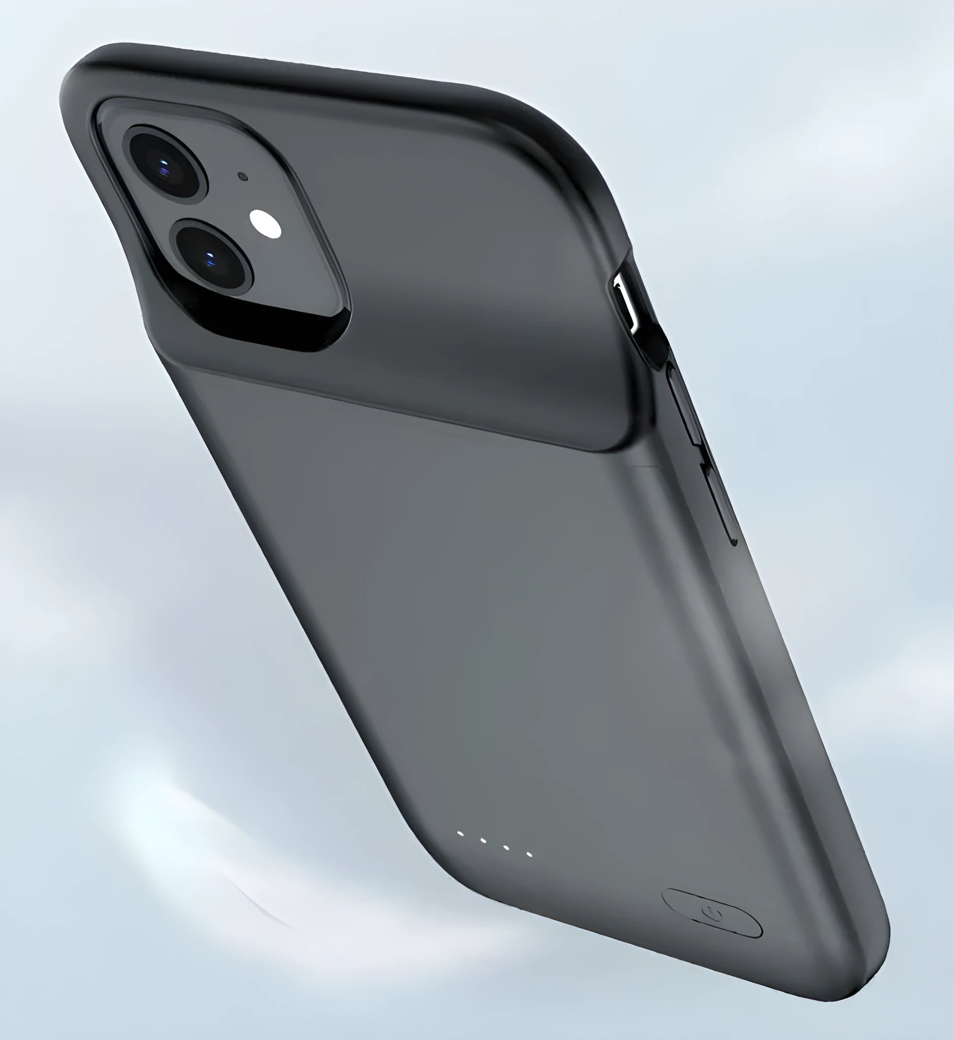 Black ultra-thin TPU back clip battery for iPhone 12 showing 18mm profile and clip mechanism
