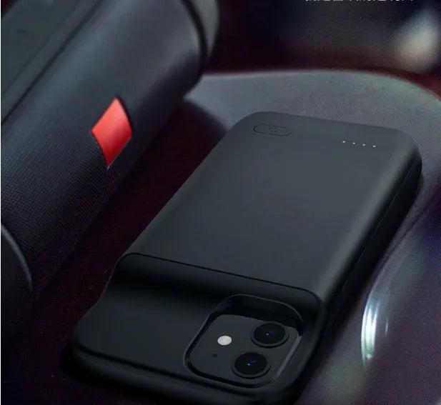 Black ultra-thin TPU back clip battery for iPhone 12 showing 18mm profile and clip mechanism