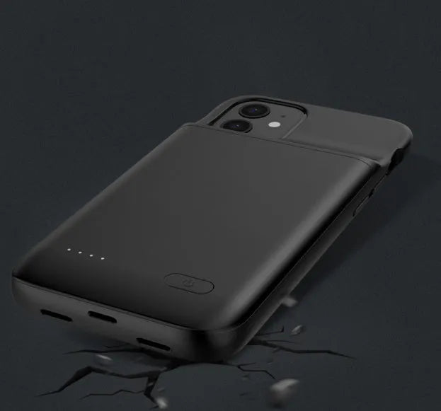 Black ultra-thin TPU back clip battery for iPhone 12 showing 18mm profile and clip mechanism