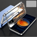 Aluminium metal frame and tempered glass iPhone bumper case in colours black, blue, red, silver.
