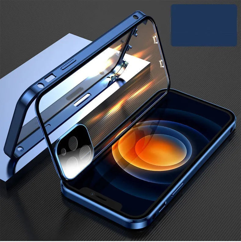 Aluminium metal frame and tempered glass iPhone bumper case in colours black, blue, red, silver.