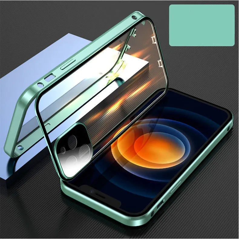 Aluminium metal frame and tempered glass iPhone bumper case in colours black, blue, red, silver.
