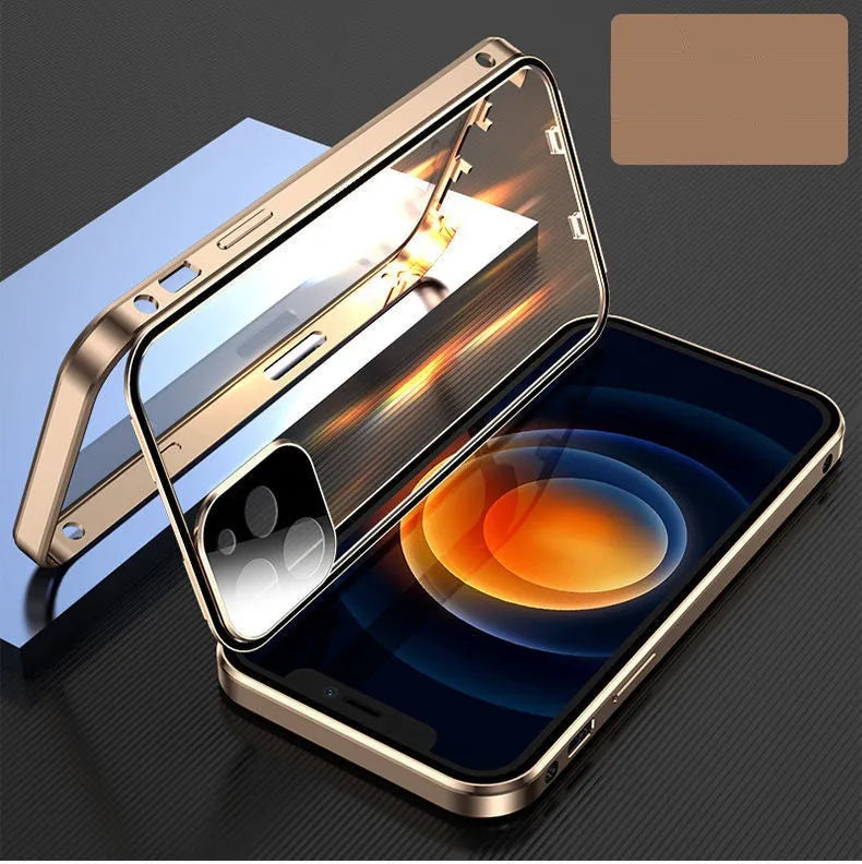 Aluminium metal frame and tempered glass iPhone bumper case in colours black, blue, red, silver.