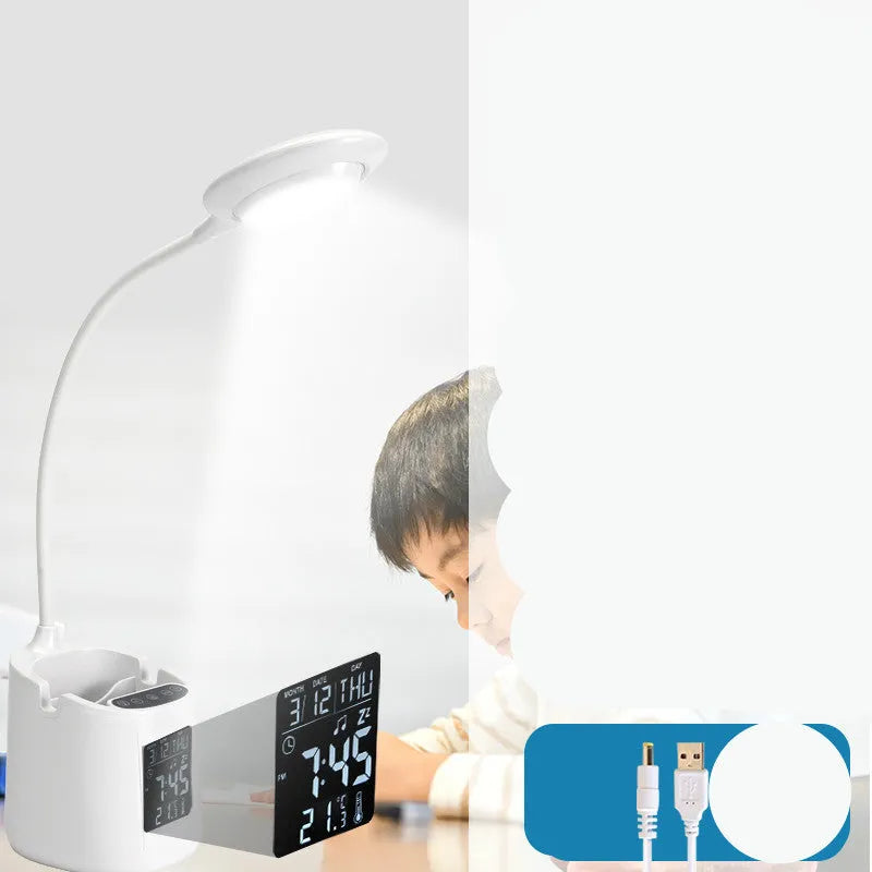 White USB rechargeable desk lamp with touch switch for reading and eye protection.