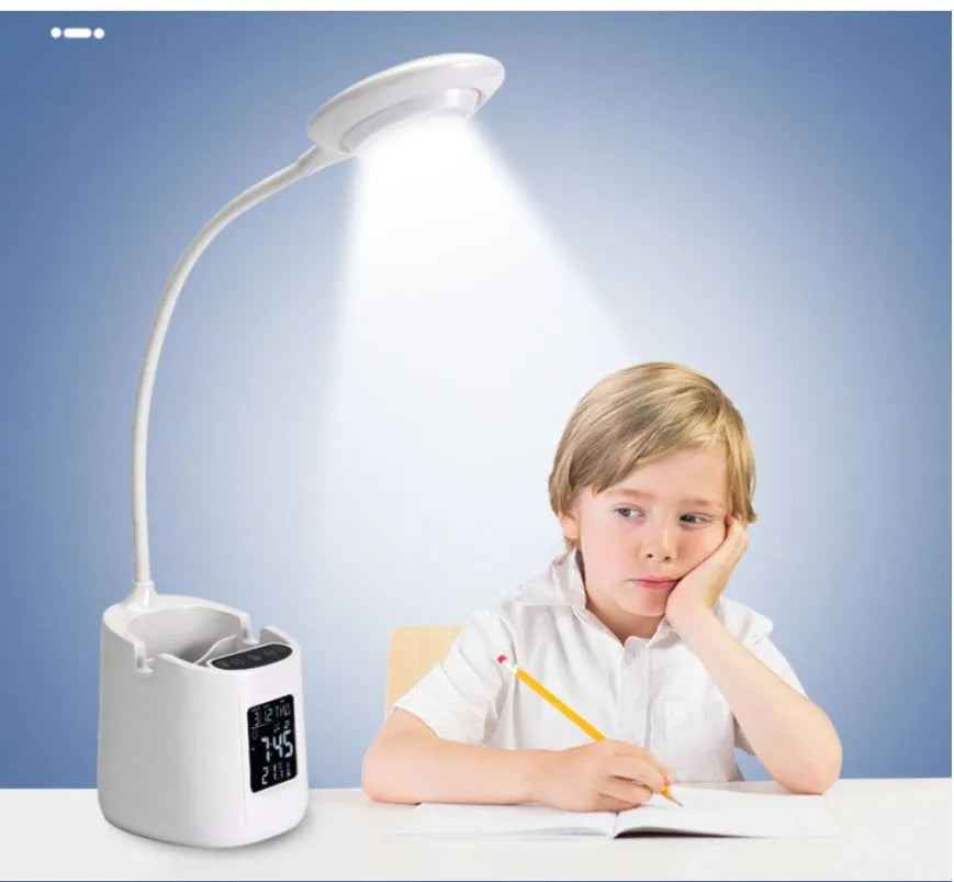 White USB rechargeable desk lamp with touch switch for reading and eye protection.