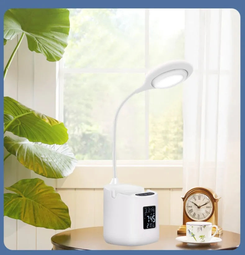 White USB rechargeable desk lamp with touch switch for reading and eye protection.