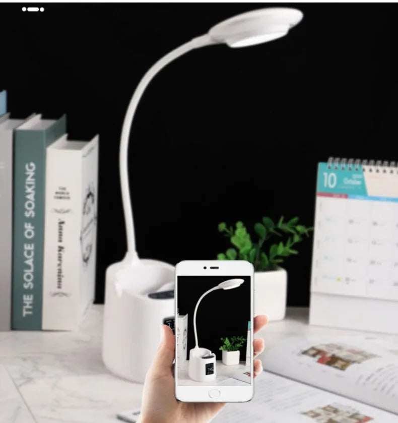 White USB rechargeable desk lamp with touch switch for reading and eye protection.