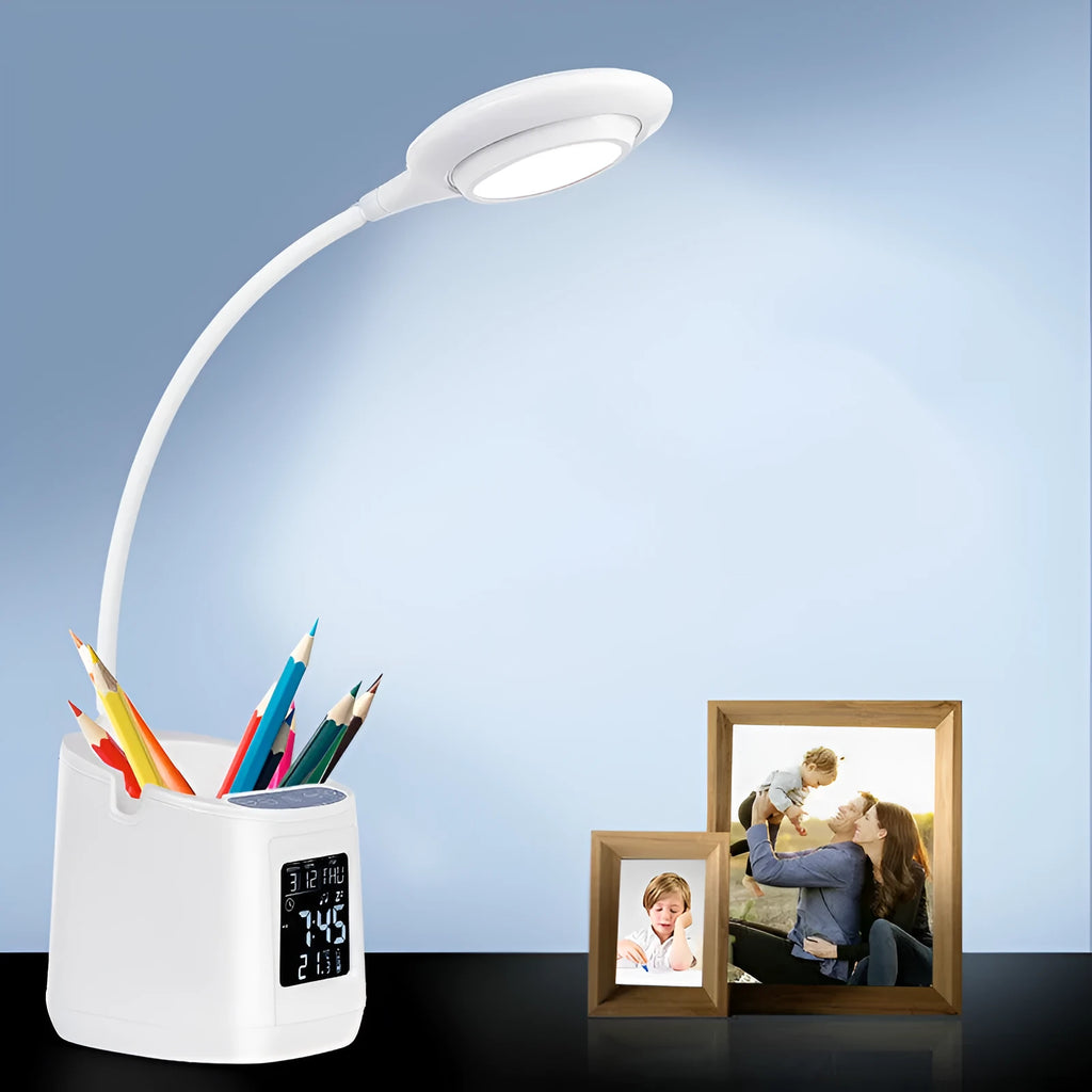 White USB rechargeable desk lamp with touch switch for reading and eye protection.