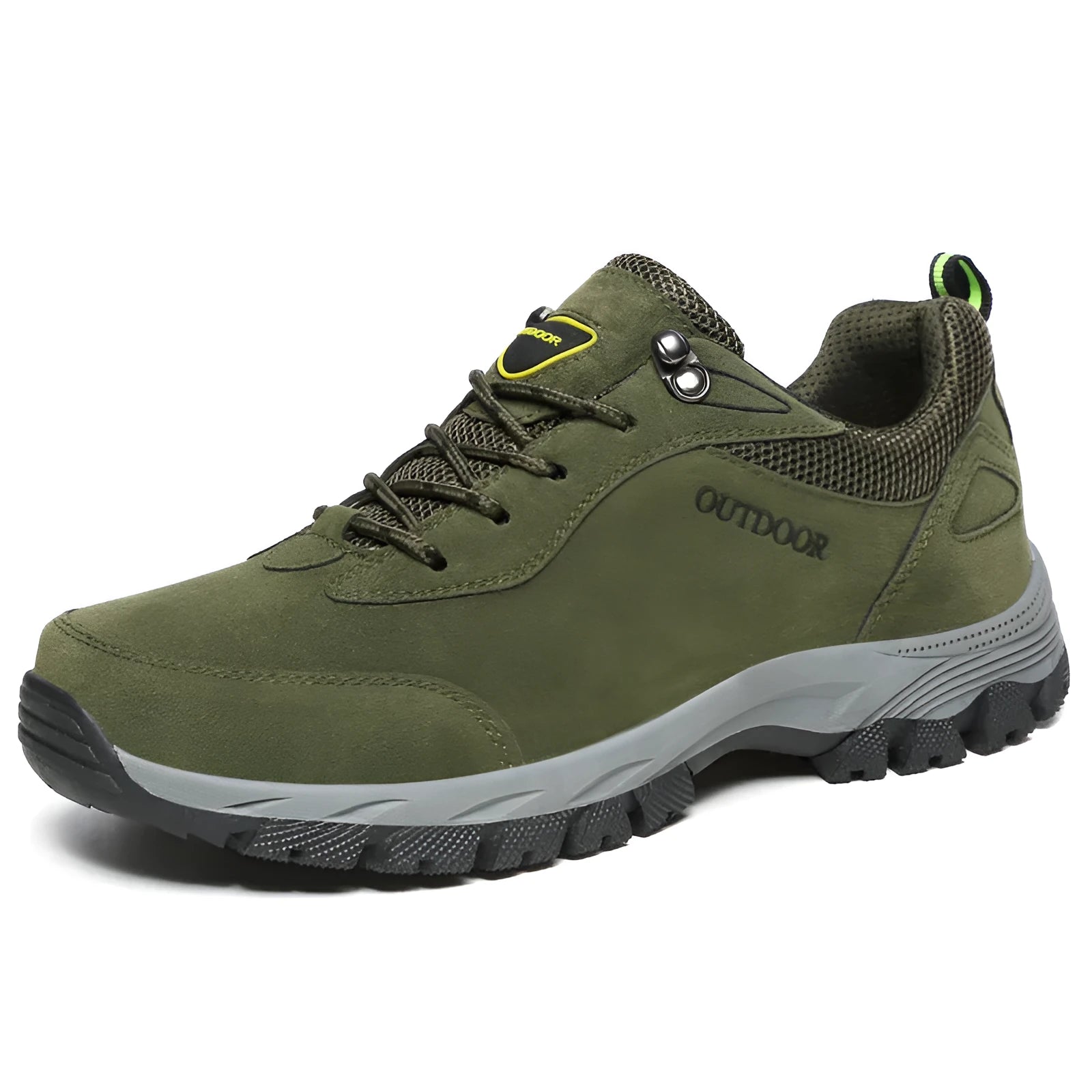 Men's low-cut hiking shoes in Army Green with viscose rubber soles, available in sizes 39 to 49
