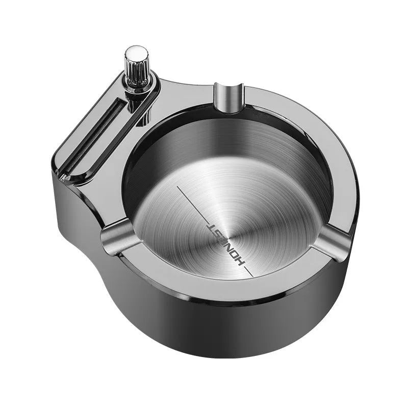 Large metal ashtray with permanent match lighter in blue, stainless steel and ABS construction, three cigarette slots