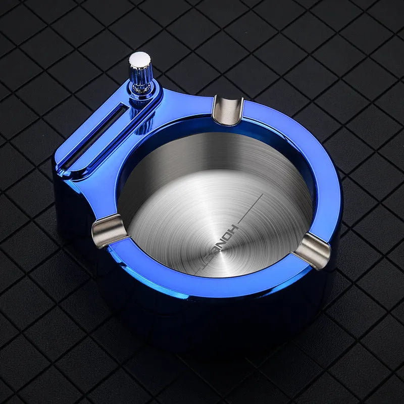 Large metal ashtray with permanent match lighter in blue, stainless steel and ABS construction, three cigarette slots