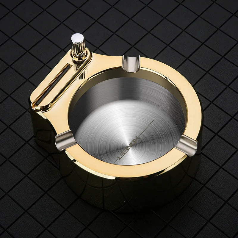 Large metal ashtray with permanent match lighter in blue, stainless steel and ABS construction, three cigarette slots