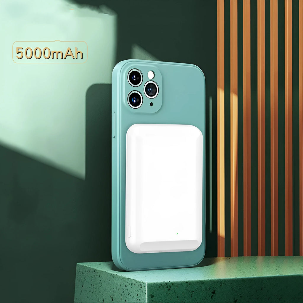 Magnetic wireless power bank in five colour options showing magnetic charging surface