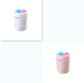 Car air purifying humidifier in pink with USB cable, cool mist from nozzle, compact design for dashboard or desk