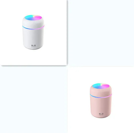 Car air purifying humidifier in pink with USB cable, cool mist from nozzle, compact design for dashboard or desk