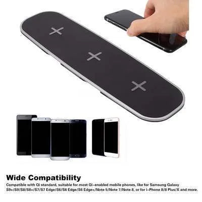 Universal 3-in-1 Qi wireless charger base pad in black and white with USB cable
