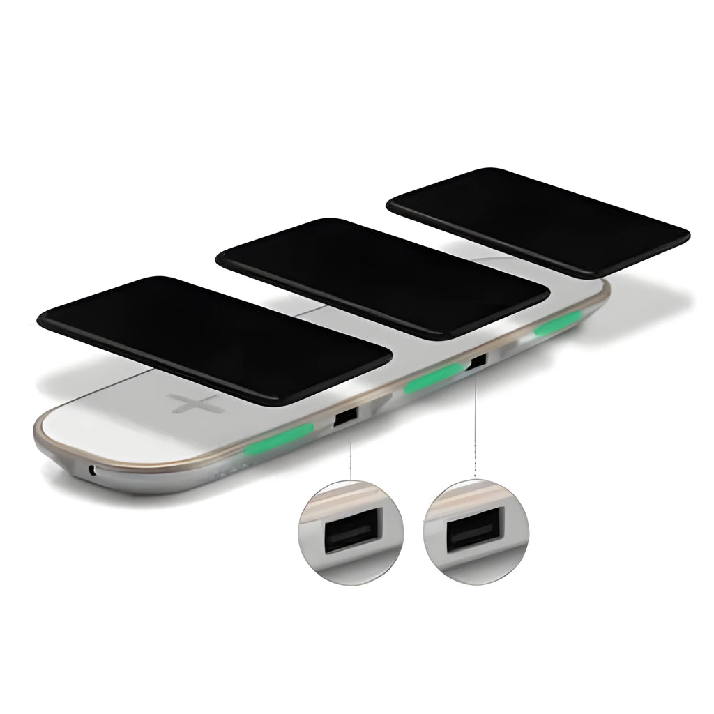 Universal 3-in-1 Qi wireless charger base pad in black and white with USB cable