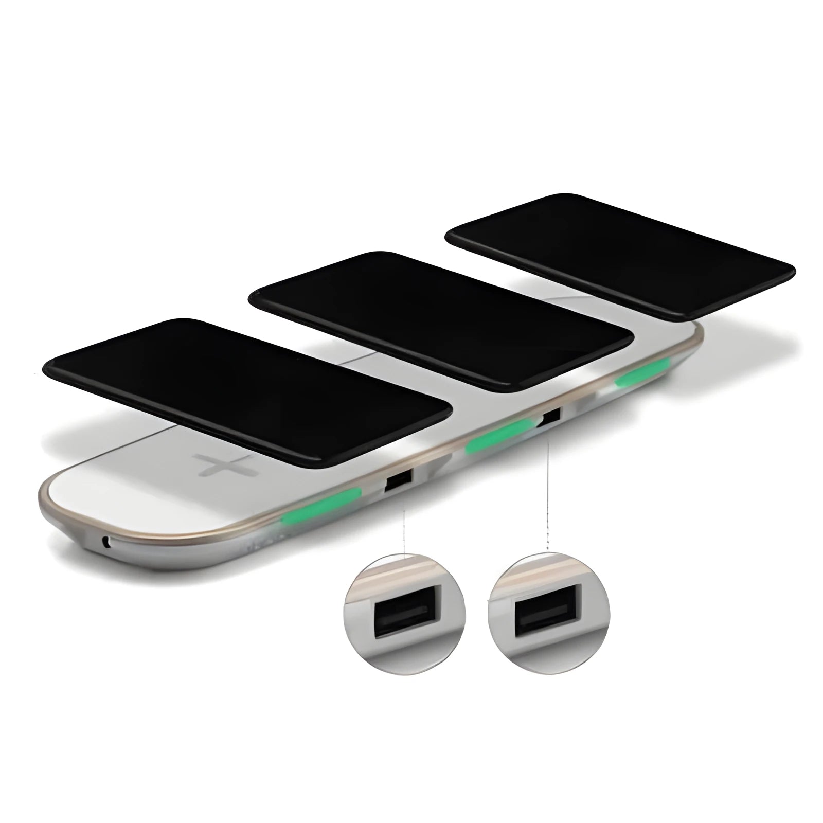 Universal 3-in-1 Qi wireless charger base pad in black and white with USB cable