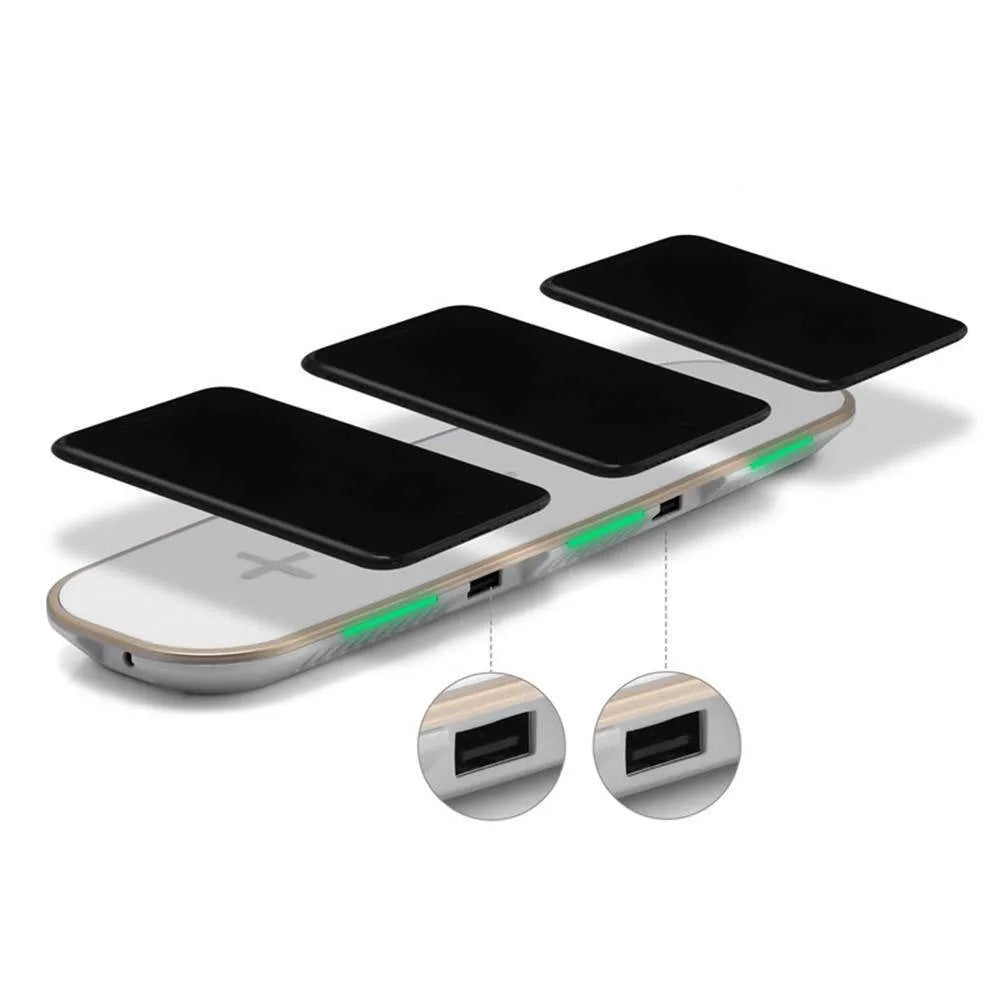 Universal 3-in-1 Qi wireless charger base pad in black and white with USB cable