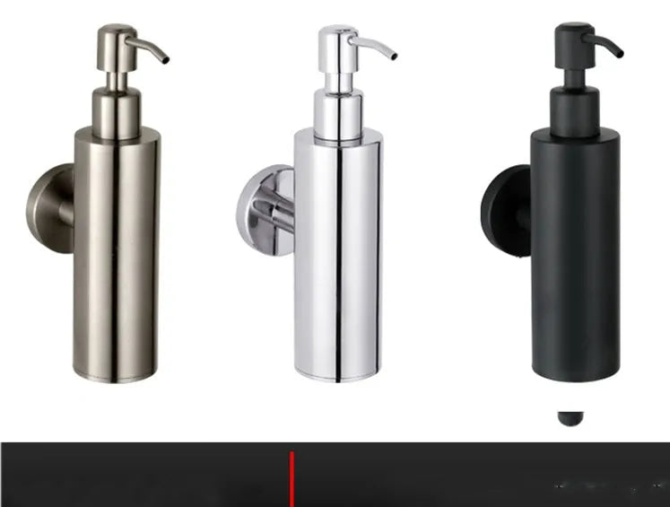 Wall-mounted 304 stainless steel pendant lotion bottle in brushed finish on a bathroom wall