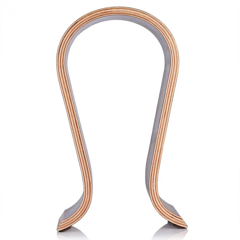 Wooden earphone holder for Bluetooth wireless headsets in brown finish on a desktop