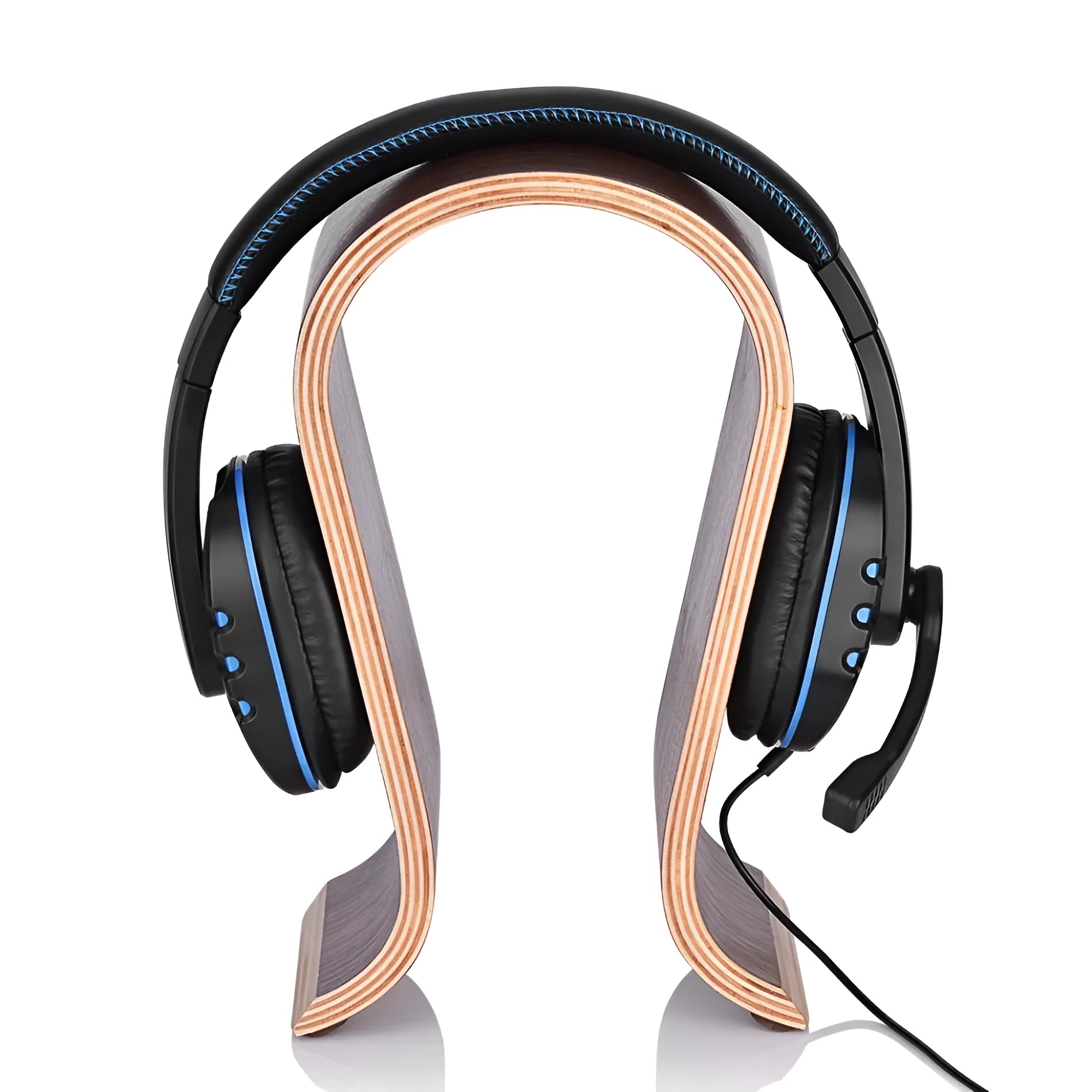 Wooden earphone holder for Bluetooth wireless headsets in brown finish on a desktop