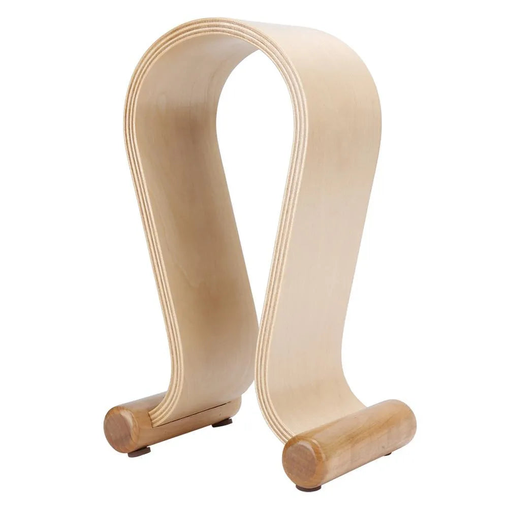 Wooden earphone holder for Bluetooth wireless headsets in brown finish on a desktop