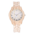 Wood grain retro quartz watch with silicone strap showing simple dial, available in multiple colours.