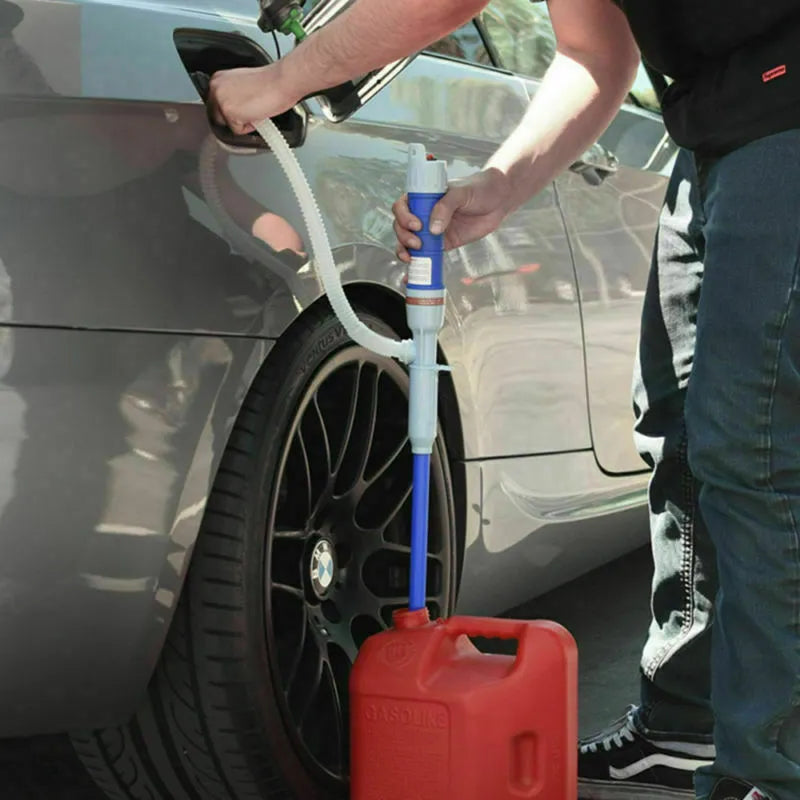 Blue manual siphon pump for fuel and liquid transfer with hand operation