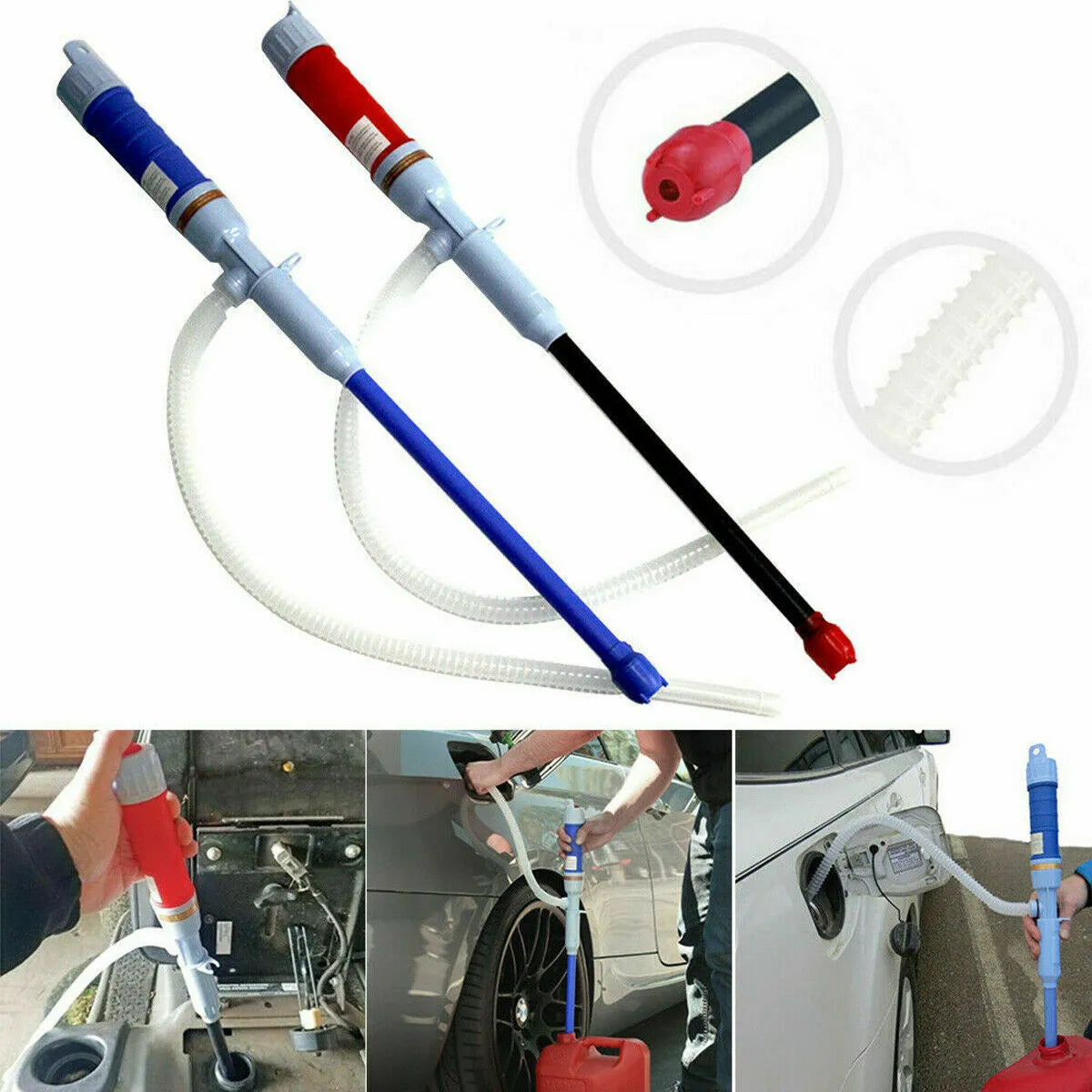Blue manual siphon pump for fuel and liquid transfer with hand operation
