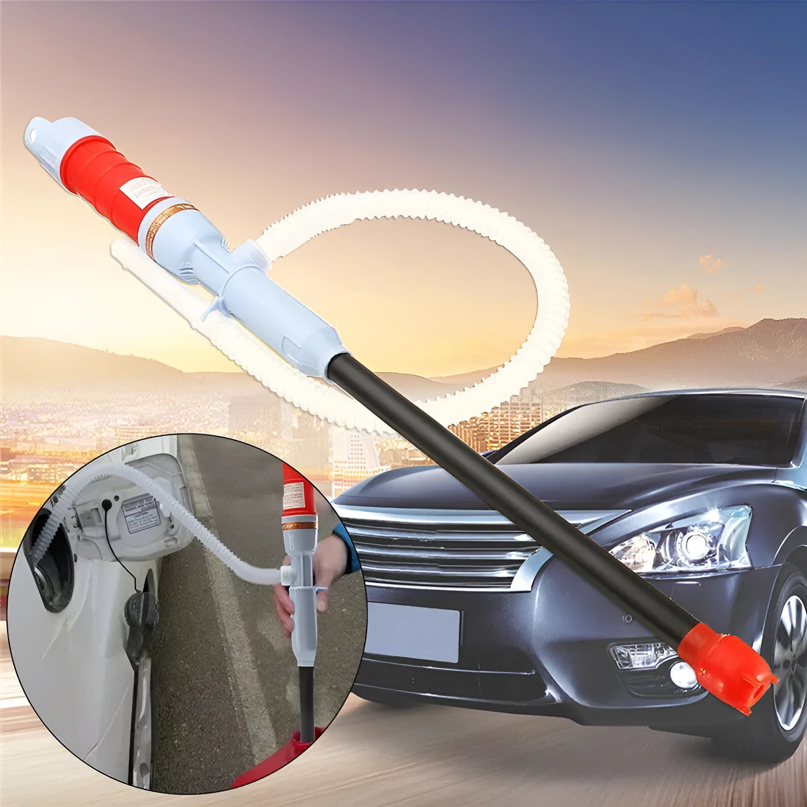 Blue manual siphon pump for fuel and liquid transfer with hand operation