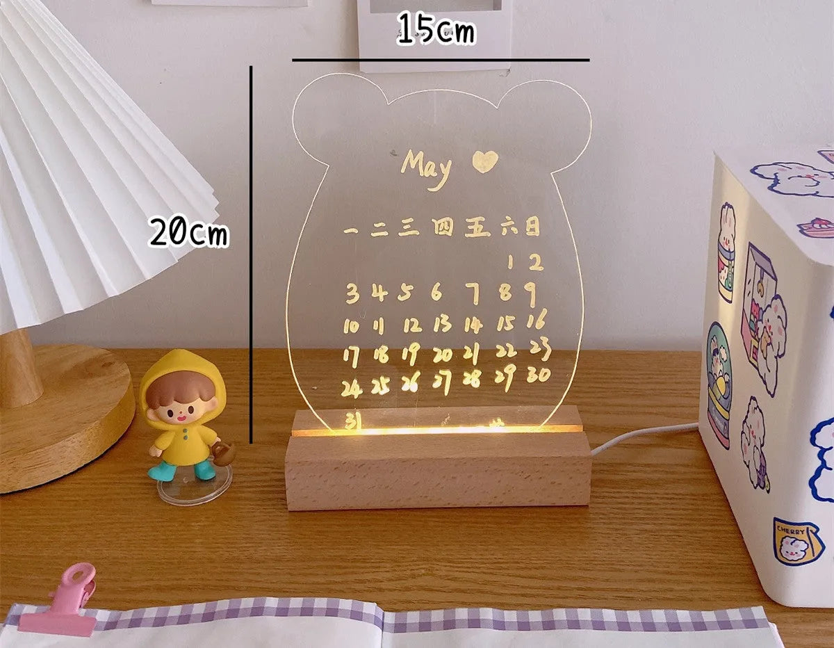 LED bedroom night light with erasable message board in multiple design options