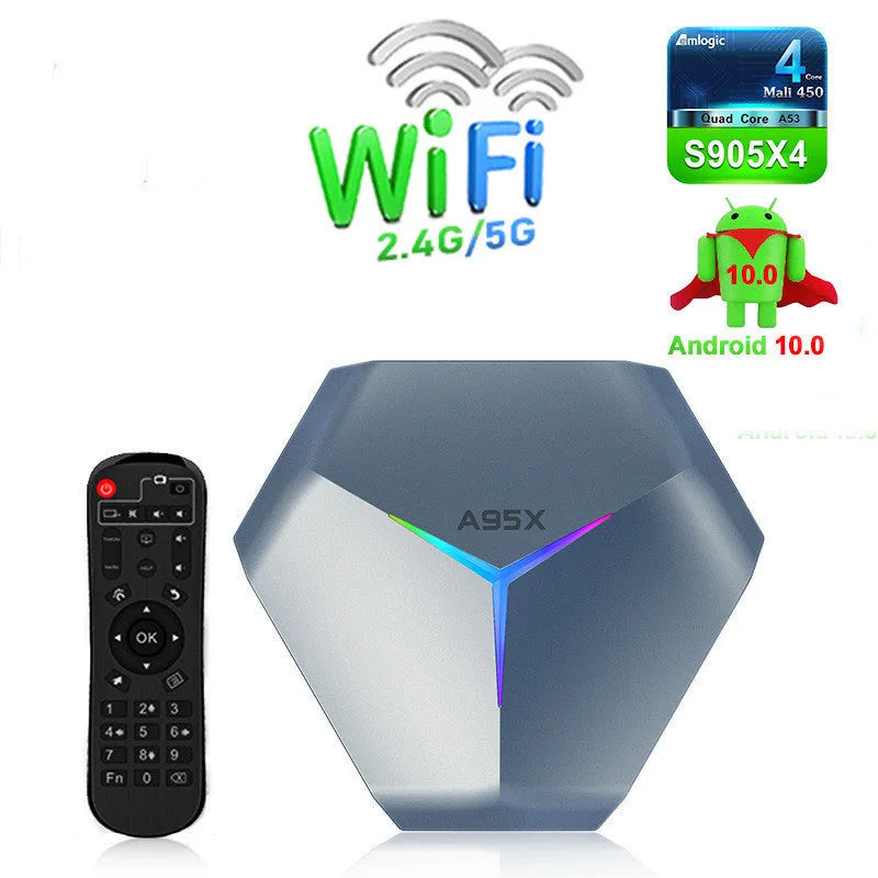 Android 8K TV set-top box with remote control and cables on a wooden surface.