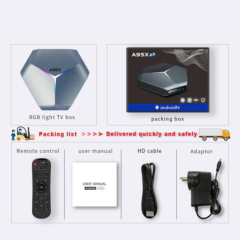 Android 8K TV set-top box with remote control and cables on a wooden surface.