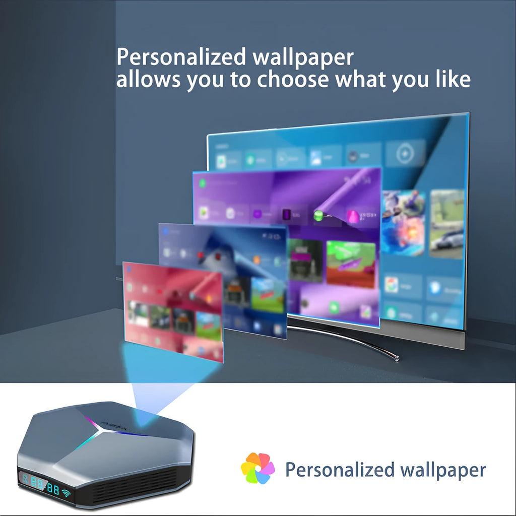 Android 8K TV set-top box with remote control and cables on a wooden surface.