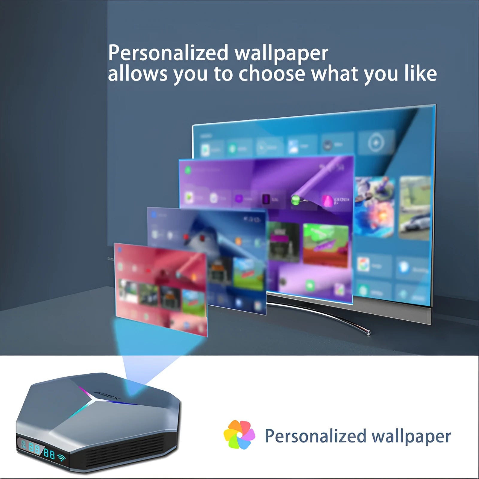 Android 8K TV set-top box with remote control and cables on a wooden surface.