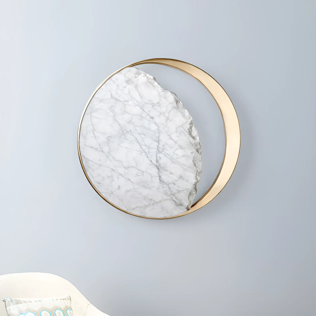 Round marble and copper LED wall lamp with eclipse art design, 25cm diameter, mounted on wall with push button switch